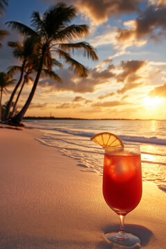 a tropical sunset with a tequila sunrise cocktail by the beach, palm trees swaying in the warm evening breeze. Generative AI