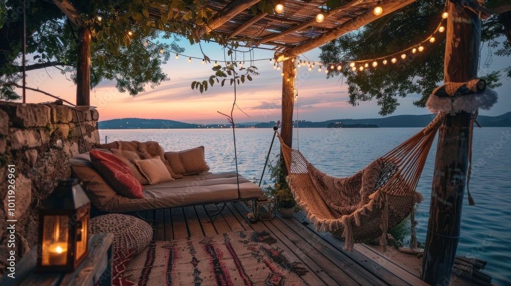 Poster A wooden deck with a hammock and a small table with a candle on it