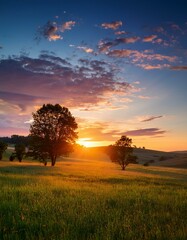 Sunset Over Wilderness; Colorful Sky Above Rolling Green Field