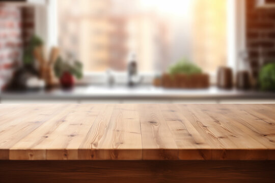 wooden tabletop with a blurred cozy kitchen background bathed in natural sunlight. Generative AI