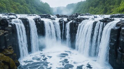 Fototapeta premium Waterfall with jagged rocks, rushing water and fine mist, 3D illustration