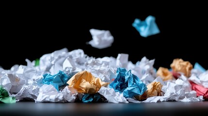 A dynamic artistic depiction of crumpled paper balls in various colors flying through the air against a dark background, representing movement and chaos.