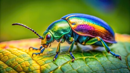 Naklejka premium Close-Up Image of a Colorful Beetle Insect on Green Leaf in Natural Habitat, Macro Photography