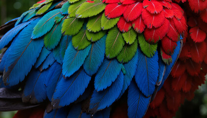 Fototapeta premium Colorful parrot feathers vibrant tropical texture close-up macro