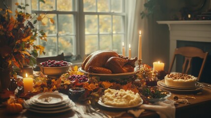 Fototapeta premium A beautifully set Thanksgiving dinner table with roasted turkey, mashed potatoes, cranberry sauce, and pumpkin pie, surrounded by autumn leaves and candles, creating a festive atmosphere.
