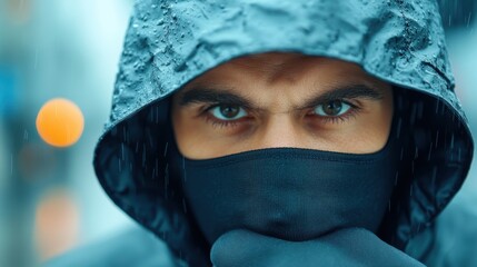 A man with piercing eyes stares intensely, hooded and masked under a rainstorm, creating a mysterious and resilient ambiance with droplets around him.