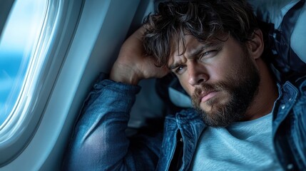 Fototapeta premium A man with a thoughtful expression gazes intently through an airplane window during mid-flight, embodying introspection, wanderlust, and the pursuit of new horizons.