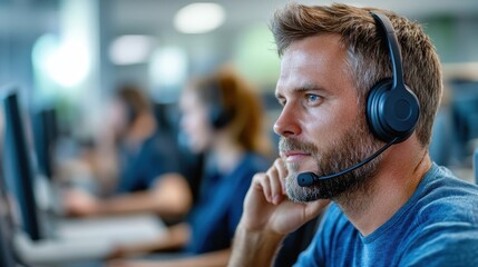 A call center agent wearing a headset looks focused while assisting customers. His determination and concentration exemplify his commitment to professional service.