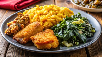 Delicious Plate of Soul Food with Collard Greens, Fried Chicken, Cornbread, and Macaroni and Cheese