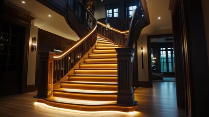 Illuminated Staircase in Large House - AI Generated