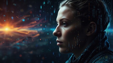 Naklejka premium A woman looks to the future with a futuristic digital glow behind her.