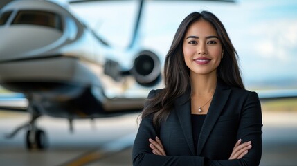 A smiling businesswoman in a sleek suit stands confidently by an airplane on the tarmac, representing ambition and success in professional and travel endeavors.