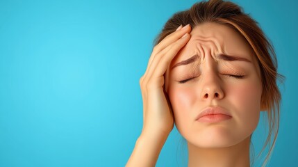 Fototapeta premium A woman is depicted with her hand resting on her head against a bright blue background, showcasing a possible headache or stress with a focused expression.
