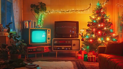 A cozy 90s Christmas living room with a retro TV, VHS tapes, and a decorated tree with tinsel and bright lights, capturing the nostalgic holiday vibe of the era.