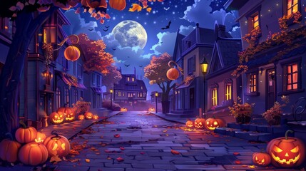 Obraz premium A street with houses and a large moon in the sky