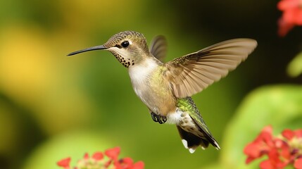 Fototapeta premium Hummingbirds are tiny birds that are important for honey-making. They are very small and colorful, and they feed mainly on honey and flower nectar.