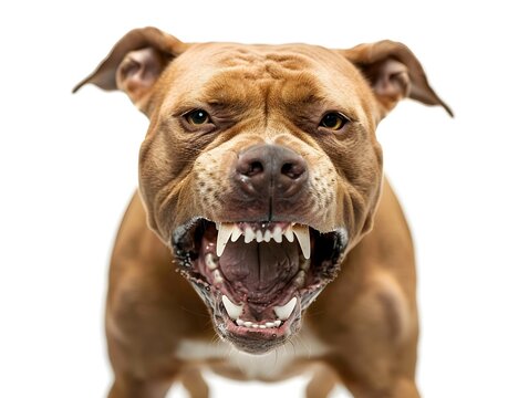 Snarling Pit Bull Showcasing Raw Strength and Aggressive Facial Expression Against White Background