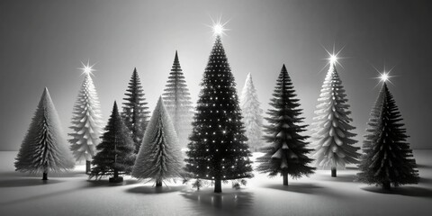Obraz premium Elegant Black and White Christmas Trees Silhouette Against a Soft Gray Background for Holiday Decor