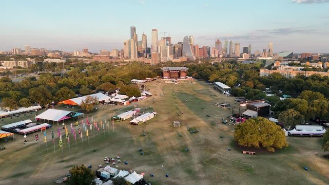 Austin City Limits 2024 Music Festival grounds at Zilker Park 4K Aerial Drone Shot Austin Texas