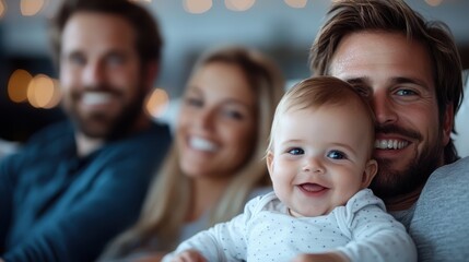 Obraz premium A joyful family portrait featuring smiling parents and their baby, capturing a moment of happiness and togetherness as they pose comfortably at home.