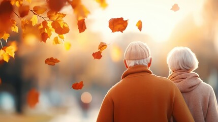 An elderly couple enjoys a peaceful walk enveloped by autumn's golden leaves, their closeness and warmth reflecting lifelong companionship on a sunny day.