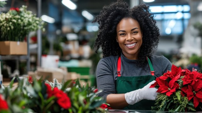 A joyful florist arranges vibrant red poinsettias amidst a bustling seasonal workshop, capturing the vibrant energy and creativity of the floral holiday industry.