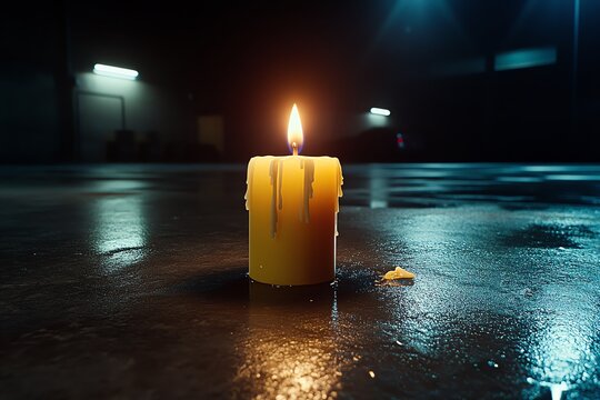 A lone candle burning in an otherwise dark and empty room, symbolizing a faint hope against the overwhelming nihilistic void