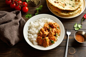 Butter chicken with basmati rice on plate on wooden table