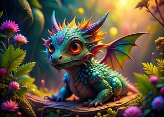Fototapeta premium Enchanting baby dragon wallpaper features vibrant colors and whimsical fantasy, perfect for adding a playful touch to any decor, sparking imagination and joy.