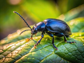Naklejka premium Close-up of a black beetle on a leaf showcasing intricate details and natural habitat in sunlight