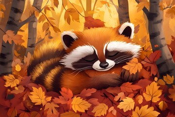  Little raccoon in autumn