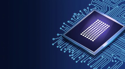 Abstract illustration of a microchip with circuit board design on a dark blue background.