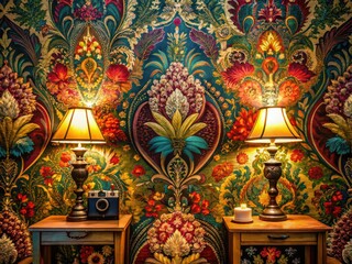Fototapeta premium Exquisite luxury wallpaper showcasing intricate patterns and vibrant color combinations, perfect for adding elegance and sophistication to any decor. Transform your space effortlessly.