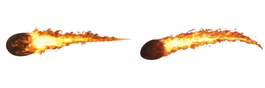 Set of a evaluates a fireball flying straight in front of it, isolated on a transparent background.