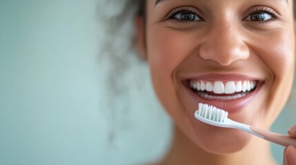 A woman joyfully brushes her teeth, radiating confidence and highlighting the importance of a daily dental routine for maintaining oral health and happiness.