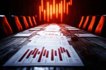 Boardroom setting with statistical reports and a warm glow from LED lighting, perfect for business presentations.