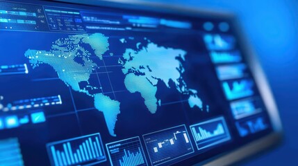 Close-up of a digital world map on a screen displaying analytics and data visualization.