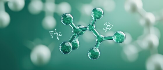 Close-up of a molecular structure with green molecules on a soft-focus background.