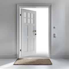 Open modern door,  symbolizing endless opportunity, possibility, career. Cut out, png, isolated, add your own background. Semi transparent glass. Faint shadow under door for 3d effect