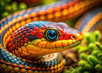 Fototapeta premium Close-up of a Colubridae Snake in Natural Habitat, Showcasing Scales and Unique Color Patterns