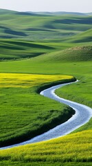 Obraz premium Colorful Flower Field with Road and River Running Through It, Minimalist Nature Landscape, Abstract Image, Texture, Pattern Background, Wallpaper, Cover and Screen for Smartphone, PC, Laptop, 9:16 and