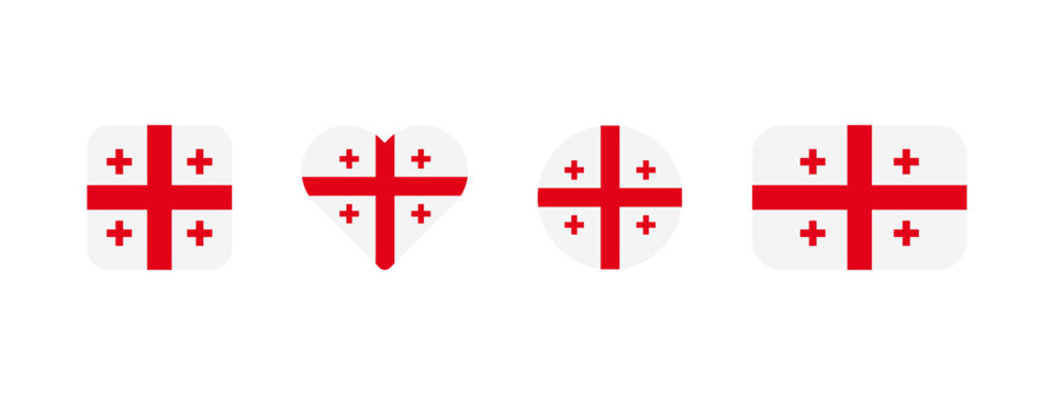 Georgian flag icon. Flag of Georgia vector sign. Georgian national banner. Emblem of Georgia. Caucasian cuisine banner in four different shapes: square, heart, circle and rectangle. Tbilisi symbol.