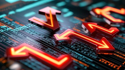 Digital interface with glowing arrows indicating data trends on a circuit board.