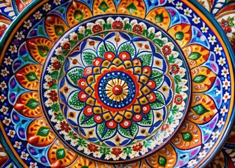 Fototapeta premium Close-up of a decorative wall plate featuring intricate patterns and vibrant colors on a textured surface