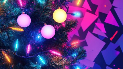 Bright 90s Christmas lights in vibrant neon colors wrap around a tree, with retro ornaments and a bold background of geometric holiday patterns, perfect for a festive background.