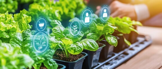 Fresh lettuce plants with digital icons representing growth and care in a greenhouse setting.