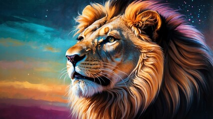 Fototapeta premium lion illustration high-quality image and aesthetic dreamy acrylics style background