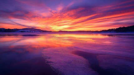 Fototapeta premium In Stockholm, Sweden, the winter sky glows with orange, purple, and pink at dusk. This colorful sky reflects in the frozen waters of Lake Mälaren.