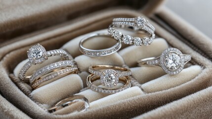 Naklejka premium Luxuriously arranged diamond wedding rings on a velvet display, with soft gold and silver hues highlighting their brilliance. Perfect for luxury brand advertisements and bridal promotions.