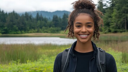 Female hiker with a backpack exploring a green landscape by a lake